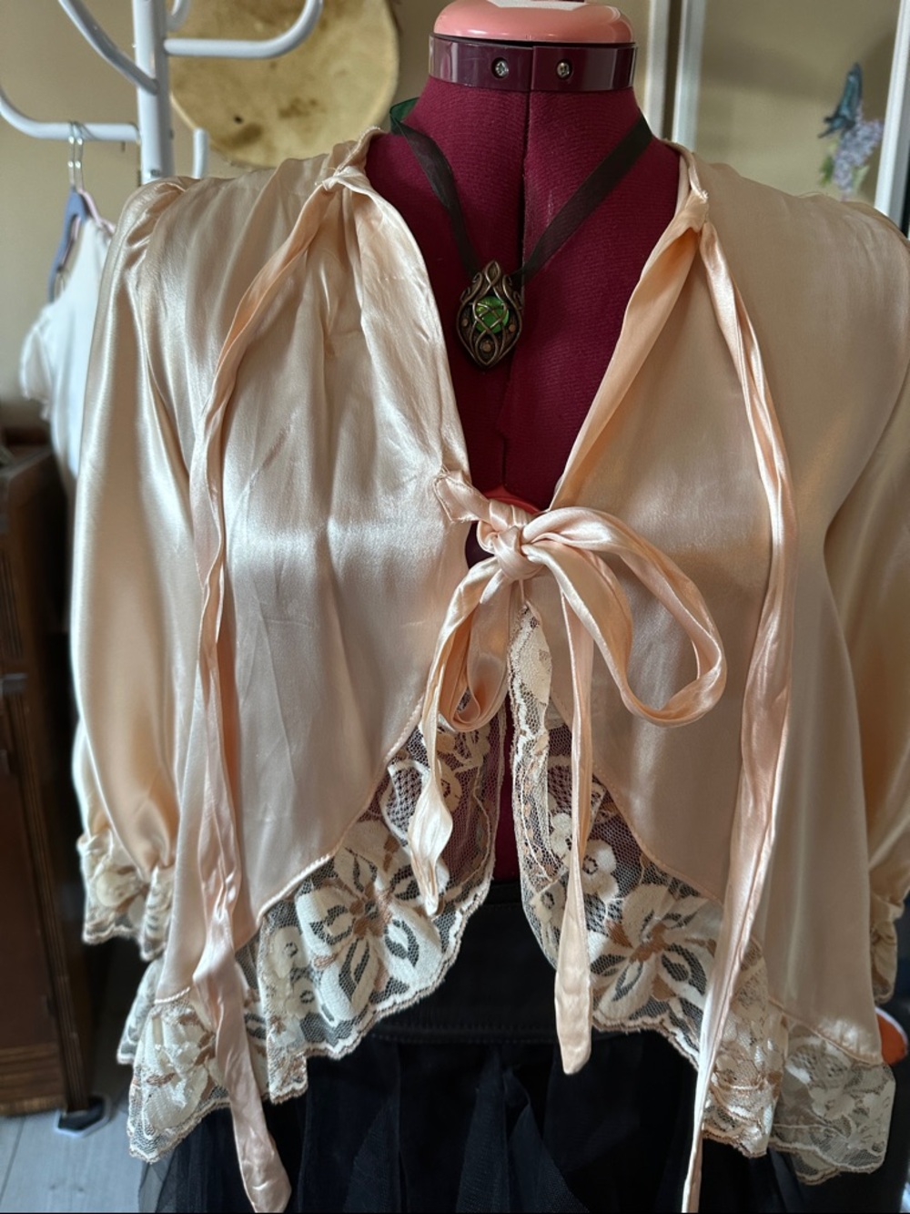 Victorian style Satin Lace Tie-Front Blouse/ cover up  - peachy cream